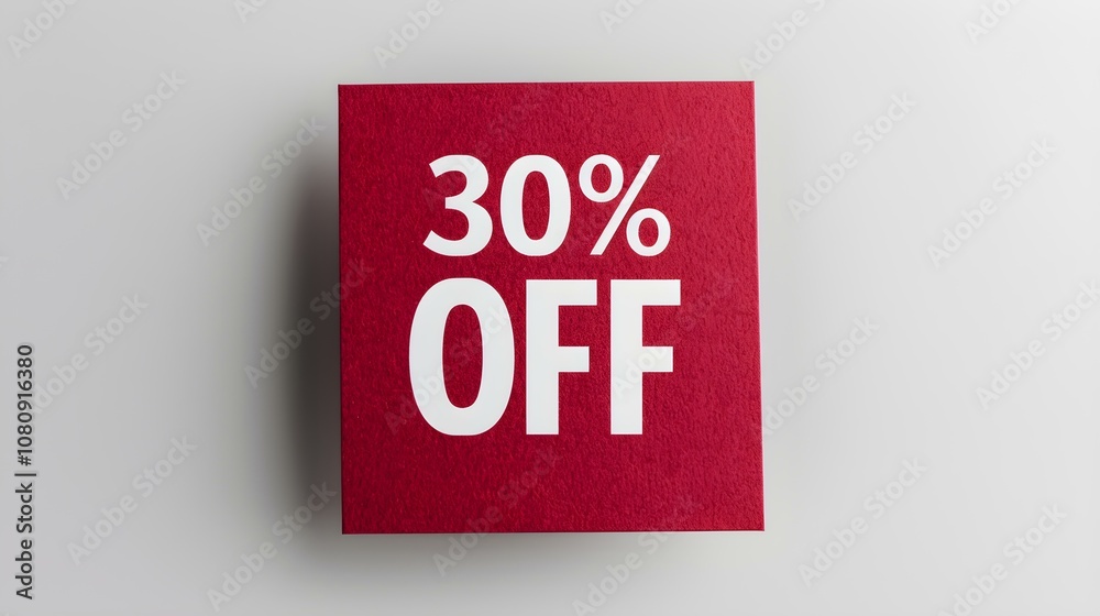 White '30% OFF' Text on a Burgundy Square Paper Note. White Background with Copy Space White '30% OFF' Text on a Burgundy Square Paper Note. White Background with Copy Space