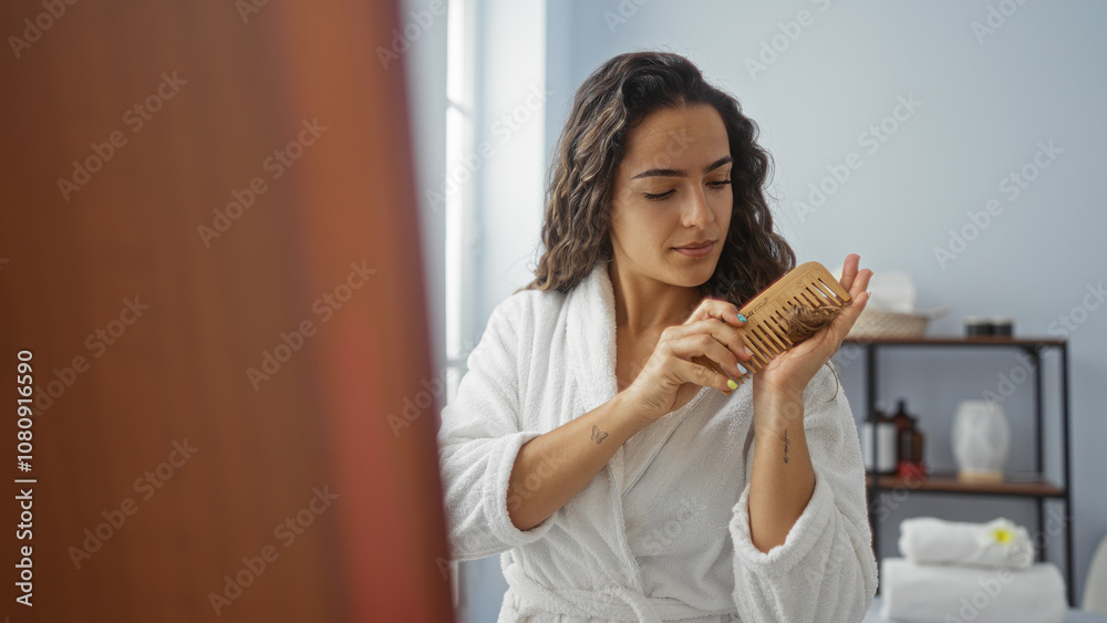 Young woman in a spa room, brushing her hair with a comb, wearing a white bathrobe, focusing on her beauty routine, under natural light, with wellness products in the background. Young woman in a spa room, brushing her hair with a comb, wearing a white bathrobe, focusing on her beauty routine, under natural light, with wellness products in the background.