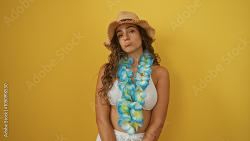 Young woman in summer attire with a lei and hat against a yellow background looking wistful and pensive photo