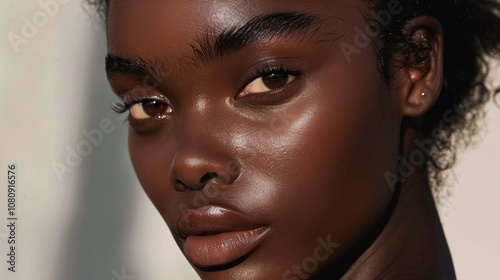 A close up portrait of a young African woman with curly hair and elegant makeup captured in a pensive and serene mood against a clean minimalist background