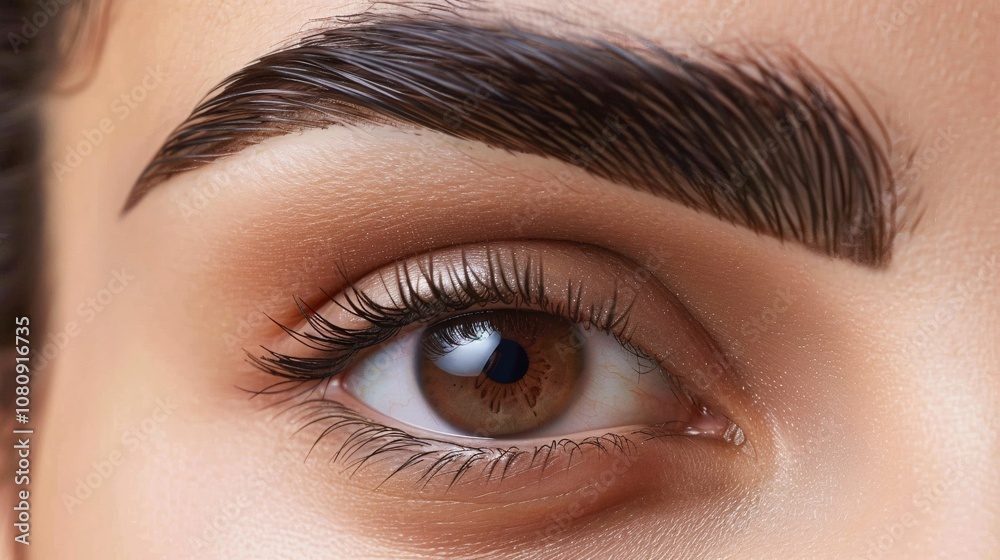 Obraz premium Captivating close up portrait showcasing a woman s beautifully applied eye makeup long lashes and well groomed eyebrows highlighting her natural elegance and refined features