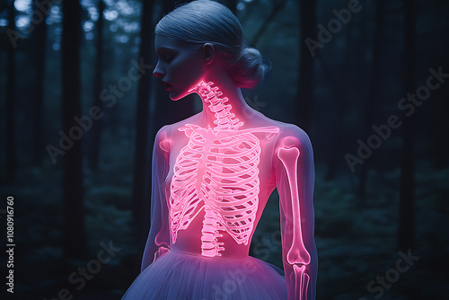 Femme avec squelette lumineux dans la forêt photo