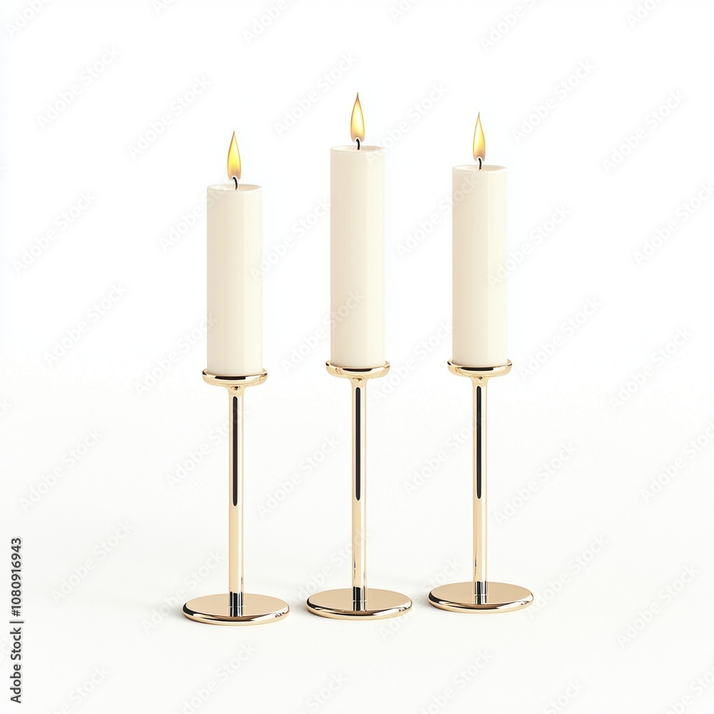 Elegant Set of Three Tall White Candles with Gold Candle Holders Creating a Warm and Inviting Ambiance for Home Decor and Special Events Elegant Set of Three Tall White Candles with Gold Candle Holders Creating a Warm and Inviting Ambiance for Home Decor and Special Events