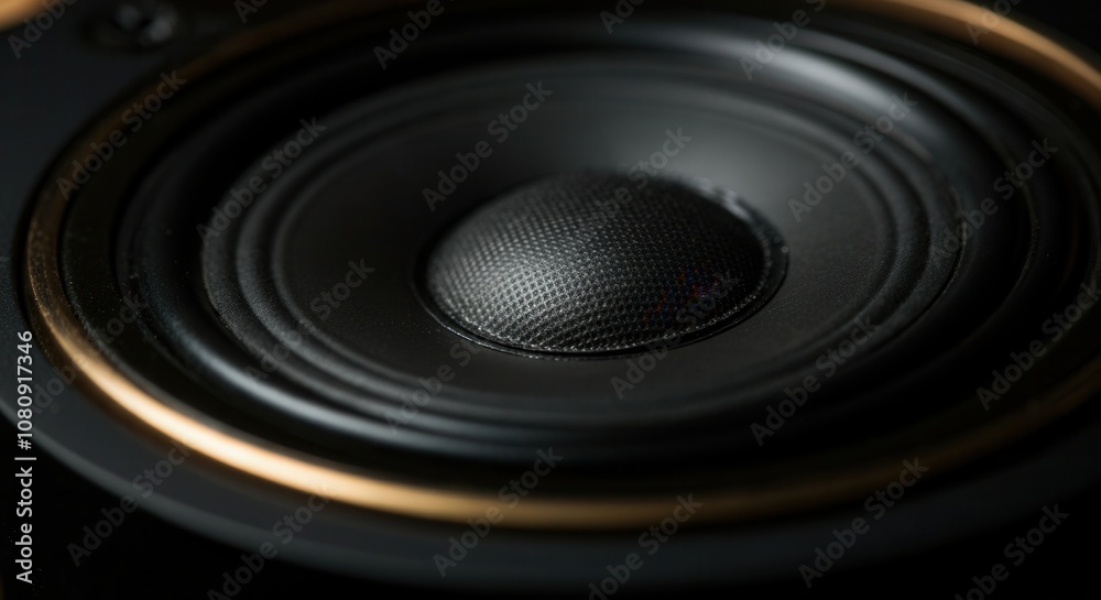 Close-up of modern black speaker with golden details Close-up of modern black speaker with golden details