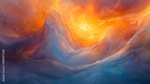 Abstract swirling clouds of blue and orange, resembling a sunset or a swirling vortex.
