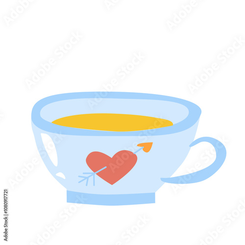 Cozy blue mug with heart design filled with warm tea.