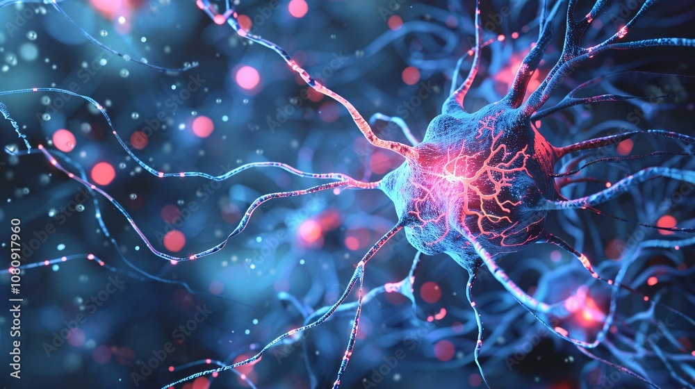 Glowing nerve cell impulses and synaptic signaling in the central nervous system Illuminated neuronal network with electric energy and neon plasma like effects Glowing nerve cell impulses and synaptic signaling in the central nervous system Illuminated neuronal network with electric energy and neon plasma like effects