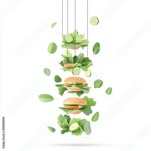 Fresh and Vibrant Floating Burger with Greens and Vegetables Showcasing Creative Food Presentation for Health and Wellness Themes