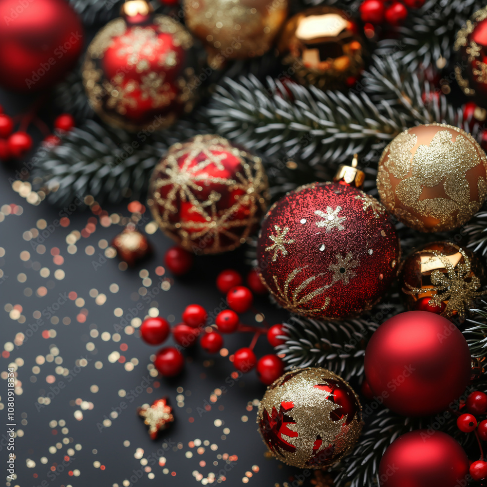 Numerous Christmas ornaments placed on a dark table
