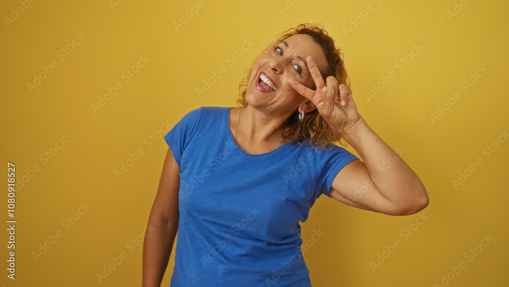 A beautiful mature hispanic woman with curly hair in a blue shirt making a peace sign, standing over an isolated yellow background. A beautiful mature hispanic woman with curly hair in a blue shirt making a peace sign, standing over an isolated yellow background.