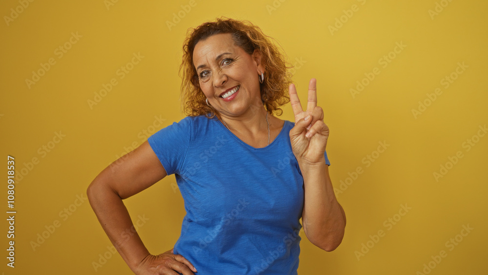 A beautiful middle-aged hispanic woman with curly hair and a blue shirt smiles and makes a peace sign while standing against a yellow wall. A beautiful middle-aged hispanic woman with curly hair and a blue shirt smiles and makes a peace sign while standing against a yellow wall.