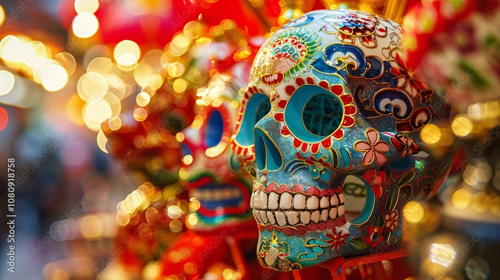 Fototapeta premium Vibrant and Ornate Mexican Day of the Dead Skull Featuring Intricate Floral Patterns Designs and Bright Festive Colors Representing the Celebratory and Cultural Traditions of the Holiday