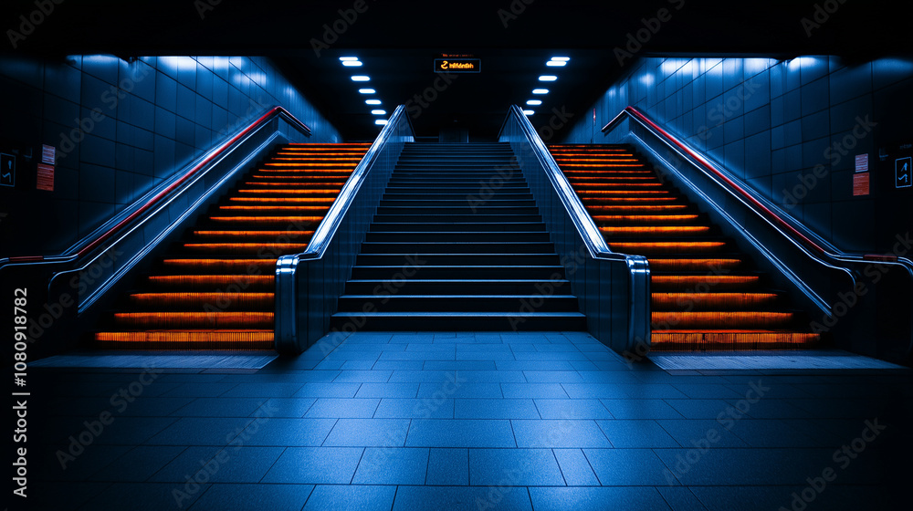 Fototapeta premium The Path to Success: A pair of illuminated staircases, bathed in cool blue light, ascend towards a mysterious destination.