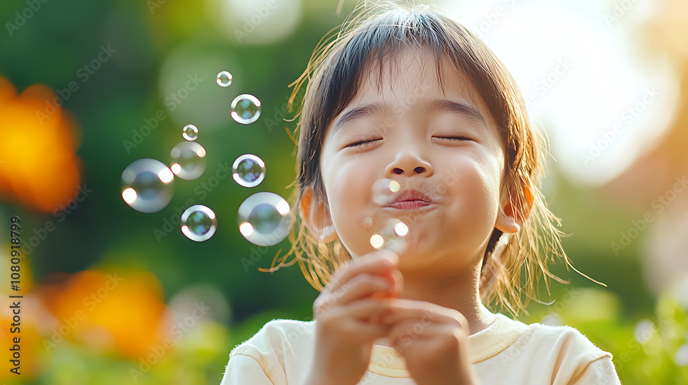 A joyful little boy creates magical bubbles that dance in the air during a bright day A joyful little boy creates magical bubbles that dance in the air during a bright day