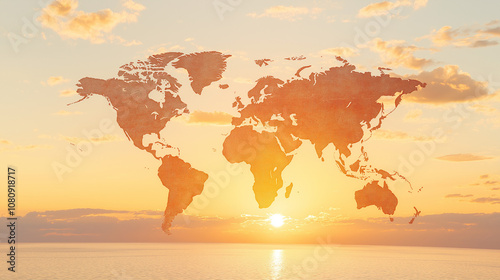 Global Dawn: World map silhouette at sunrise over ocean.  A hopeful image representing global connections, travel, and new beginnings.  photo