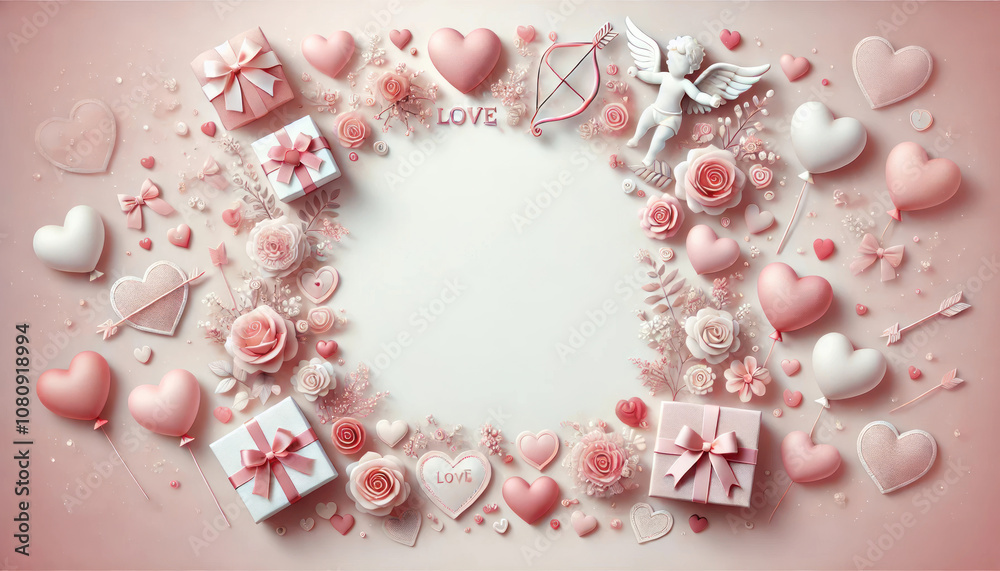 romantic arrangement of pink hearts, gifts, and flowers creates lovely atmosphere. Perfect for Valentine Day or love themed events, this evokes feelings of affection and joy romantic arrangement of pink hearts, gifts, and flowers creates lovely atmosphere. Perfect for Valentine Day or love themed events, this evokes feelings of affection and joy