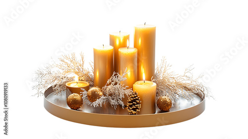 New Year table centerpiece with candles, isolated on a white background, no shadows