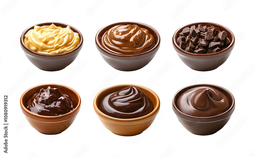 Set of bowls of chocolate mayonnaise sauce on a transparent background. isolated background. Set of bowls of chocolate mayonnaise sauce on a transparent background. isolated background.