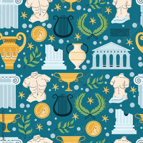 Seamless pattern with ancient Greek symbols and artifacts columns, amphorae, busts, laurel wreaths, lyre. Flat vector illustration isolated on background. Greek culture and history architecture