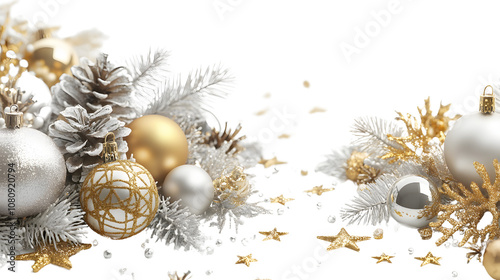 Happy New Year 2025 greeting card with gold and silver accents on a plain white background, no shadows