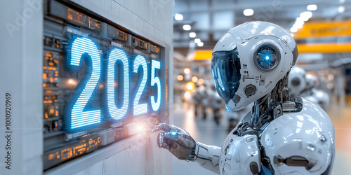 ai robot with blue high tech laser lens eyes viewing digital number 2025.. bright white happy new year future technology concept background photo