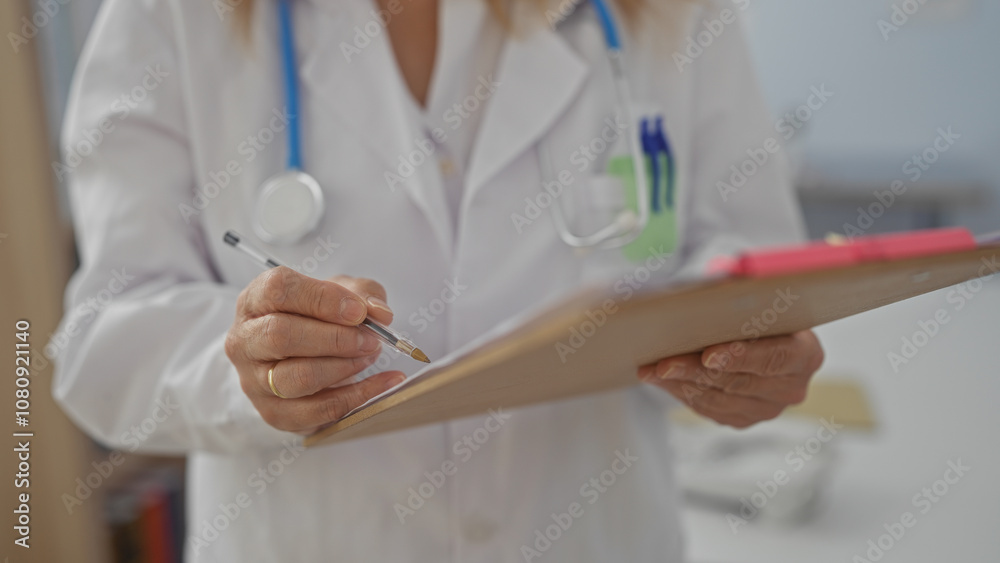 Woman writing on clipboard wearing stethoscope in clinic setting, documenting patient details and medical information in a hospital room Woman writing on clipboard wearing stethoscope in clinic setting, documenting patient details and medical information in a hospital room