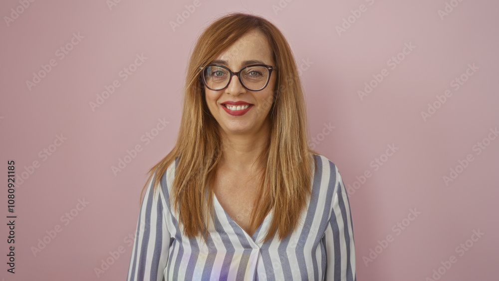 Woman smiling with long blonde hair and glasses against a pink background, wearing a striped shirt, conveying confidence and happiness. Woman smiling with long blonde hair and glasses against a pink background, wearing a striped shirt, conveying confidence and happiness.