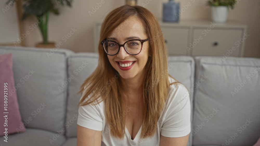 Mature woman with blonde hair and glasses smiling while sitting indoors on a sofa in a cozy home living room Mature woman with blonde hair and glasses smiling while sitting indoors on a sofa in a cozy home living room