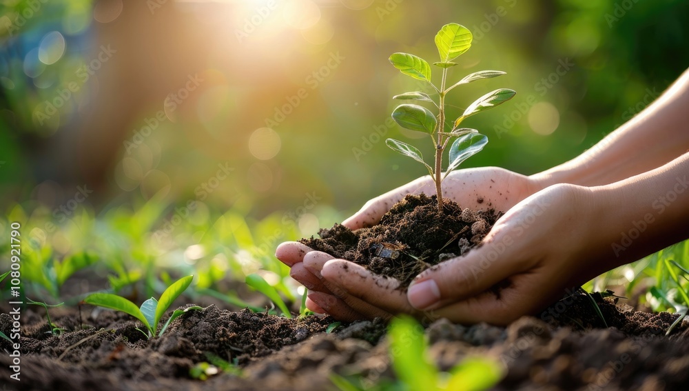 A hand growing a plant, evergreen concept, sunset plant growing, reforestation A hand growing a plant, evergreen concept, sunset plant growing, reforestation