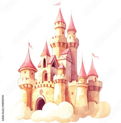 A whimsical castle with pink turrets emerges from fluffy clouds, perfect for children's illustrations or fantasy-themed projects, This charming image can enhance stories, games