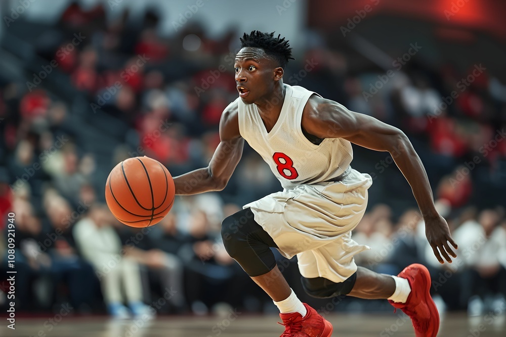 Basketball player dribbling during an indoor game in a packed arena