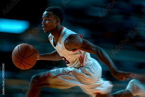 A young athlete dribbles a basketball during a game at night