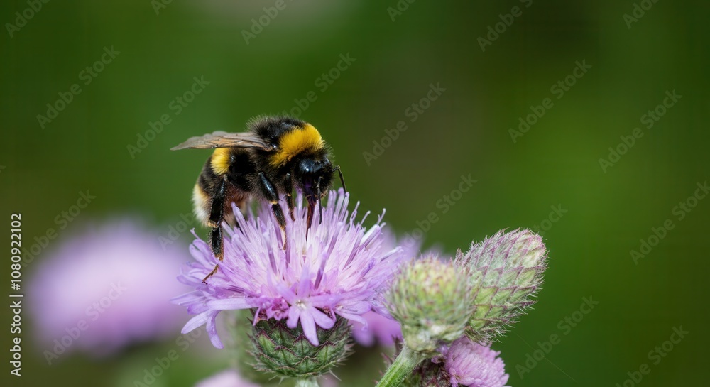 Bumblebee pollinating purple thistle flower Bumblebee pollinating purple thistle flower