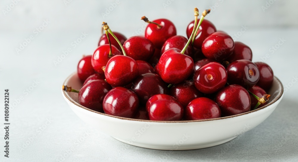 Fresh red cherries in white bowl on light background Fresh red cherries in white bowl on light background