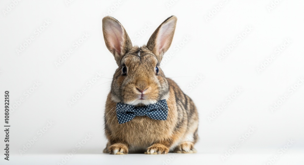 Adorable domestic rabbit wearing blue bow tie on white background Adorable domestic rabbit wearing blue bow tie on white background