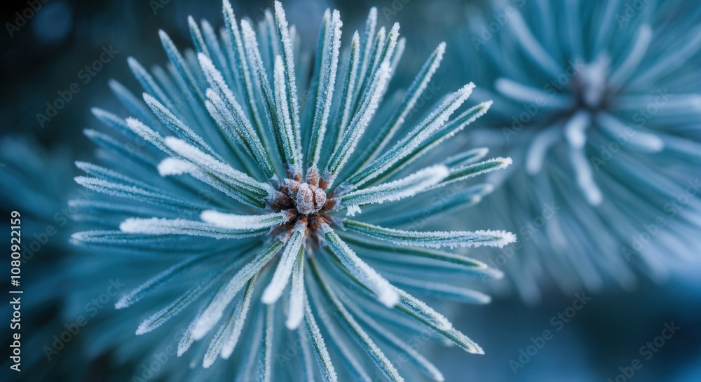 Frost-covered pine needles in close-up shot winter Frost-covered pine needles in close-up shot winter