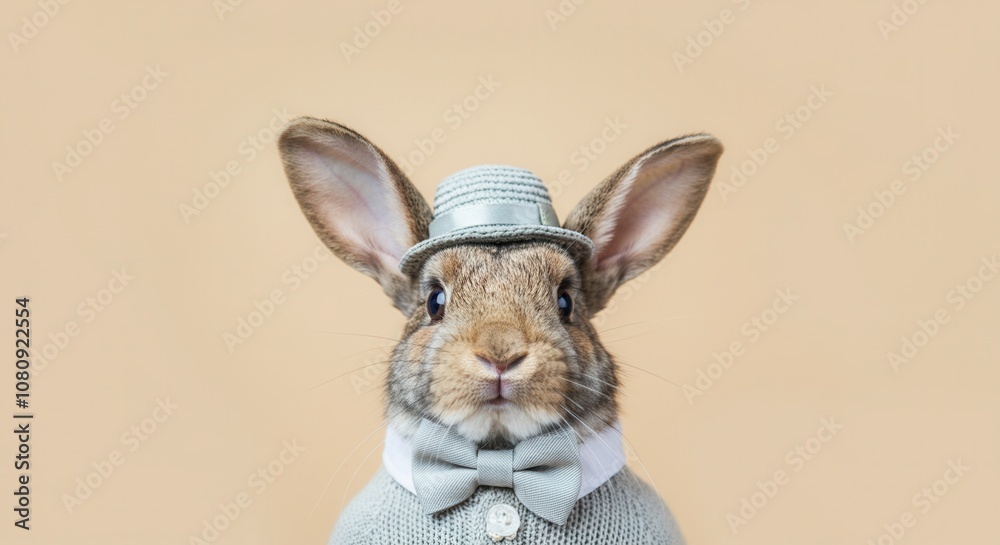Fototapeta premium Charming bunny dressed in vintage attire warm background