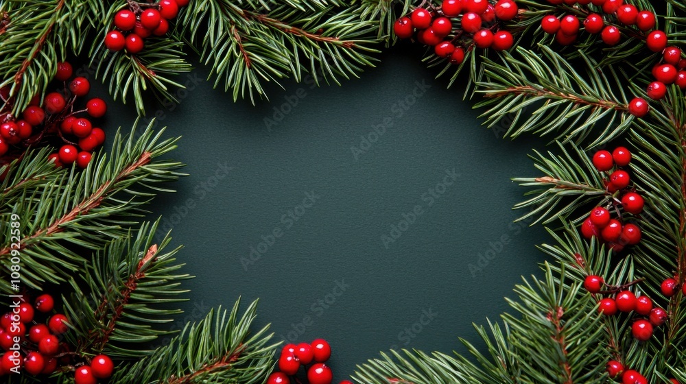 A festive wreath made of evergreen foliage and red berries, creating a cheerful border on a dark green background. A festive wreath made of evergreen foliage and red berries, creating a cheerful border on a dark green background.