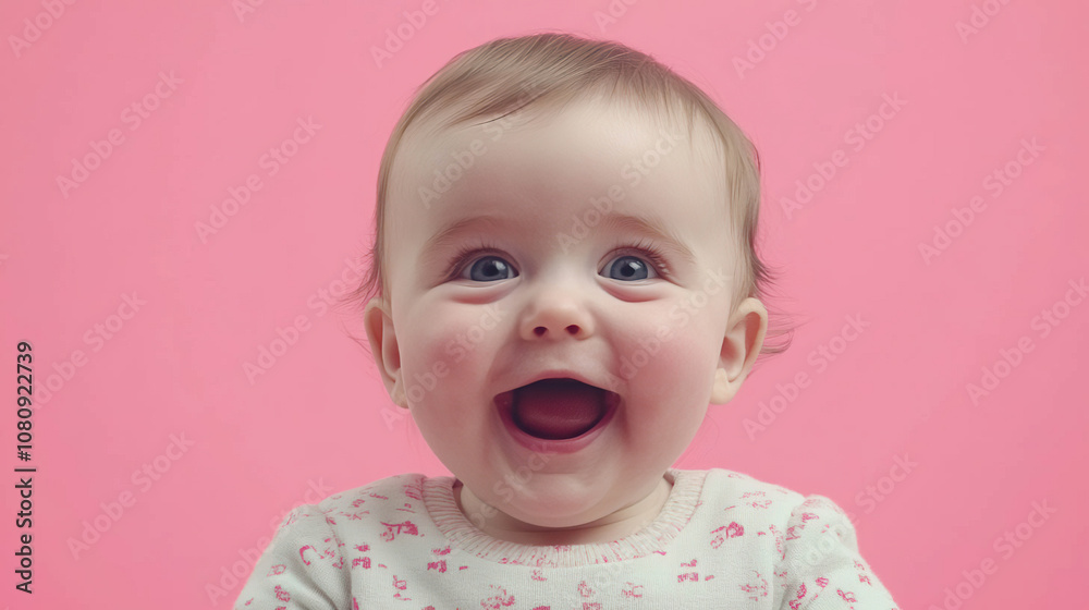 Happy baby with open smile, pink background. AI-generated Happy baby with open smile, pink background. AI-generated