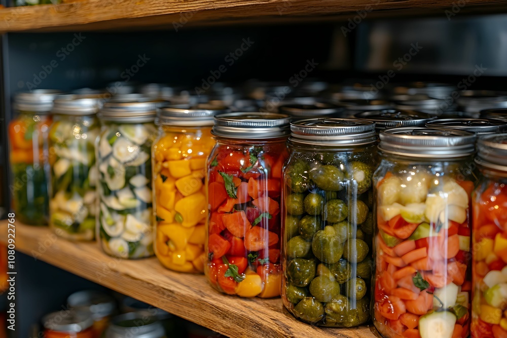 Colorful jars of pickled vegetables on wooden shelves in a market Colorful jars of pickled vegetables on wooden shelves in a market