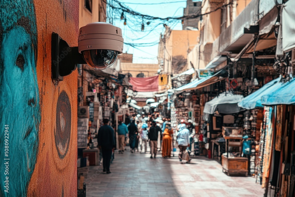 Security camera overlooking a vibrant urban market street scene Security camera overlooking a vibrant urban market street scene