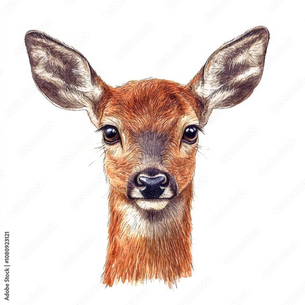 Fototapeta premium A close-up portrait of a young deer showcasing its large eyes and expressive ears, This image can be used for nature-themed projects, educational materials, or wildlife conservation campaigns,