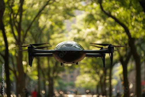 High-tech drone flying in a sunlit urban park environment photo