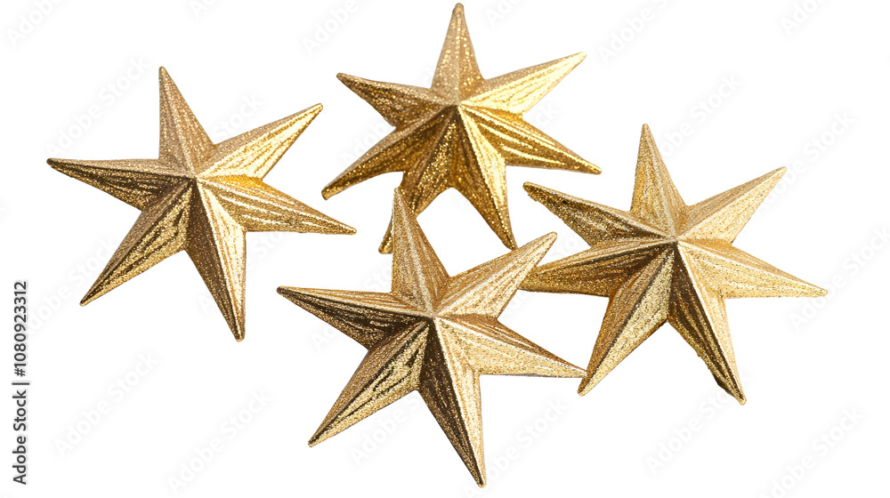 Gold star-shaped decorations for New Year on a plain white background, no shadows Gold star-shaped decorations for New Year on a plain white background, no shadows