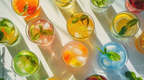 Mismatched glasses filled with colorful mocktails each with its own unique flavor. photo