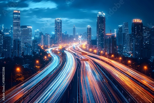 Vibrant city skyline at night with light trails along the highway