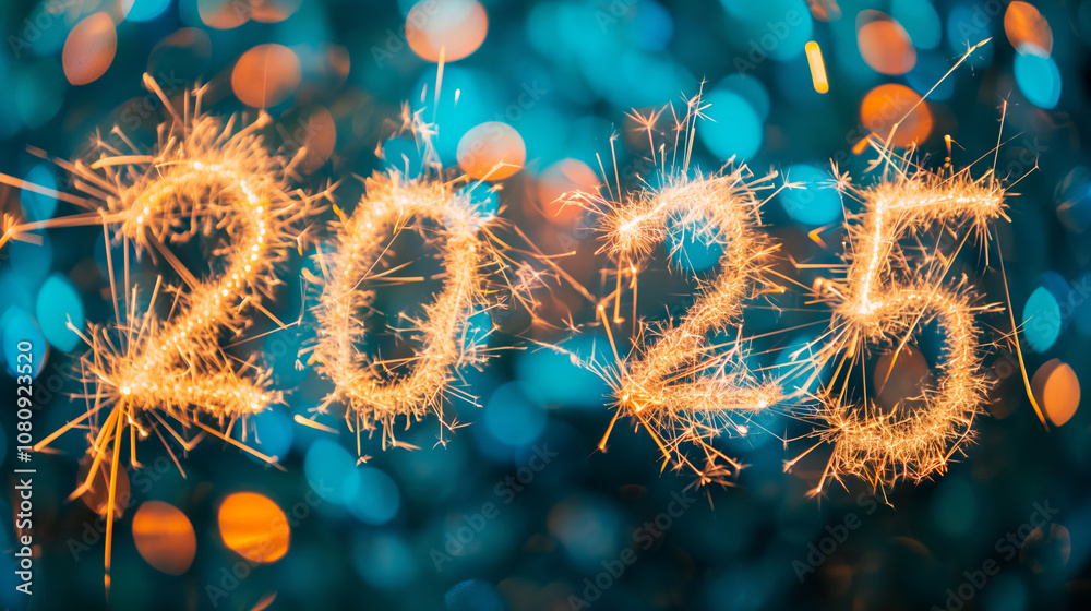 Obraz premium New Year 2025 Celebration. Night sky with fireworks, New Year background with fireworks in a shape of number 2025