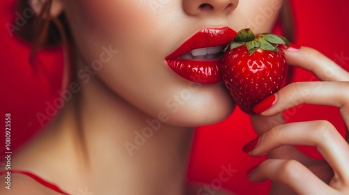 Seductive woman with red lips eating strawberry, close up of woman's mouth eating strawberry.