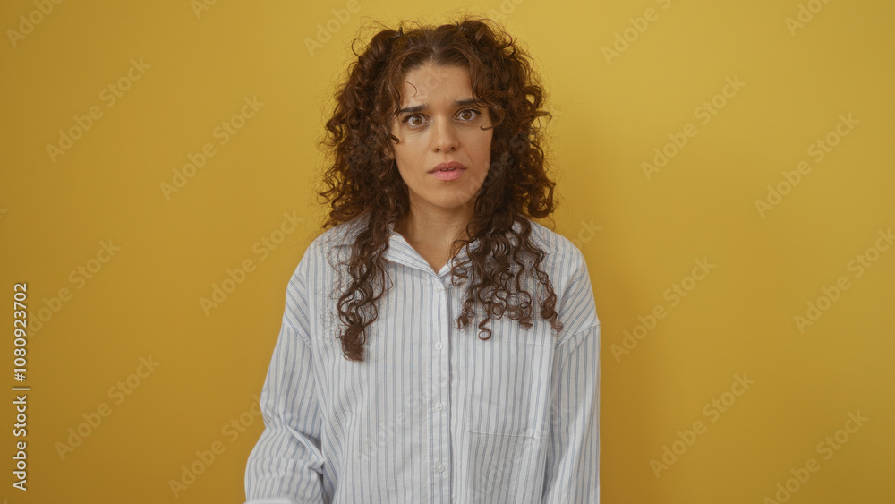 Young hispanic woman with curly brunette hair standing against a yellow background wearing a striped shirt Young hispanic woman with curly brunette hair standing against a yellow background wearing a striped shirt
