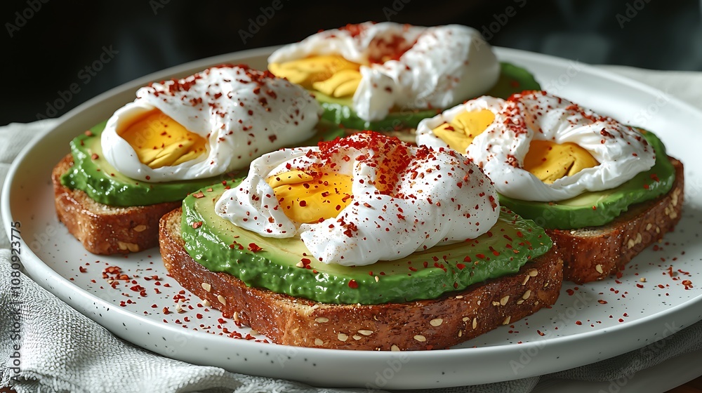 Four slices of toast topped with mashed avocado and a poached egg, sprinkled with red pepper flakes on a white plate. Four slices of toast topped with mashed avocado and a poached egg, sprinkled with red pepper flakes on a white plate.